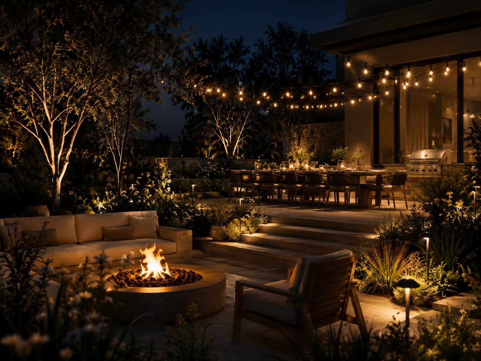 Backyard patio with firepit and string lights for evening entertaining