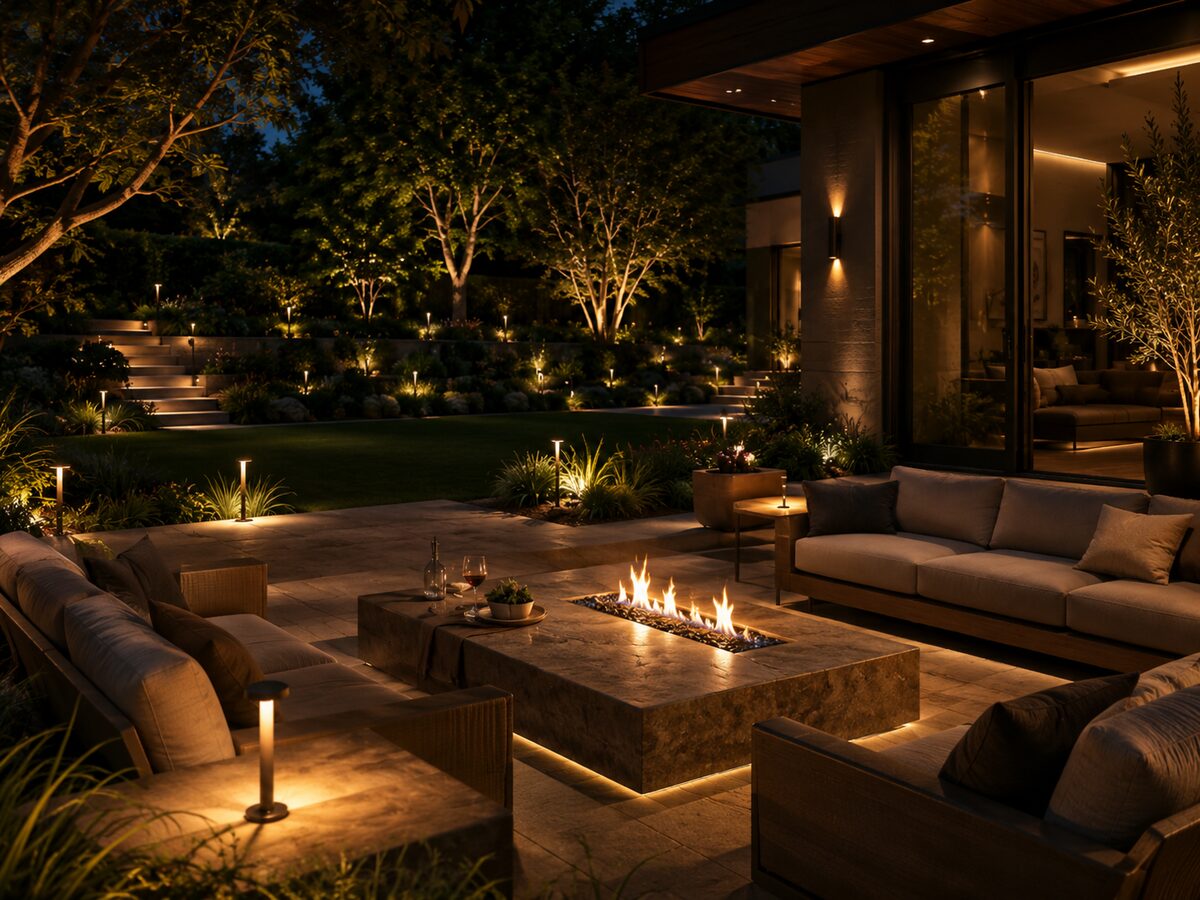 Backyard patio lounge with landscape lighting