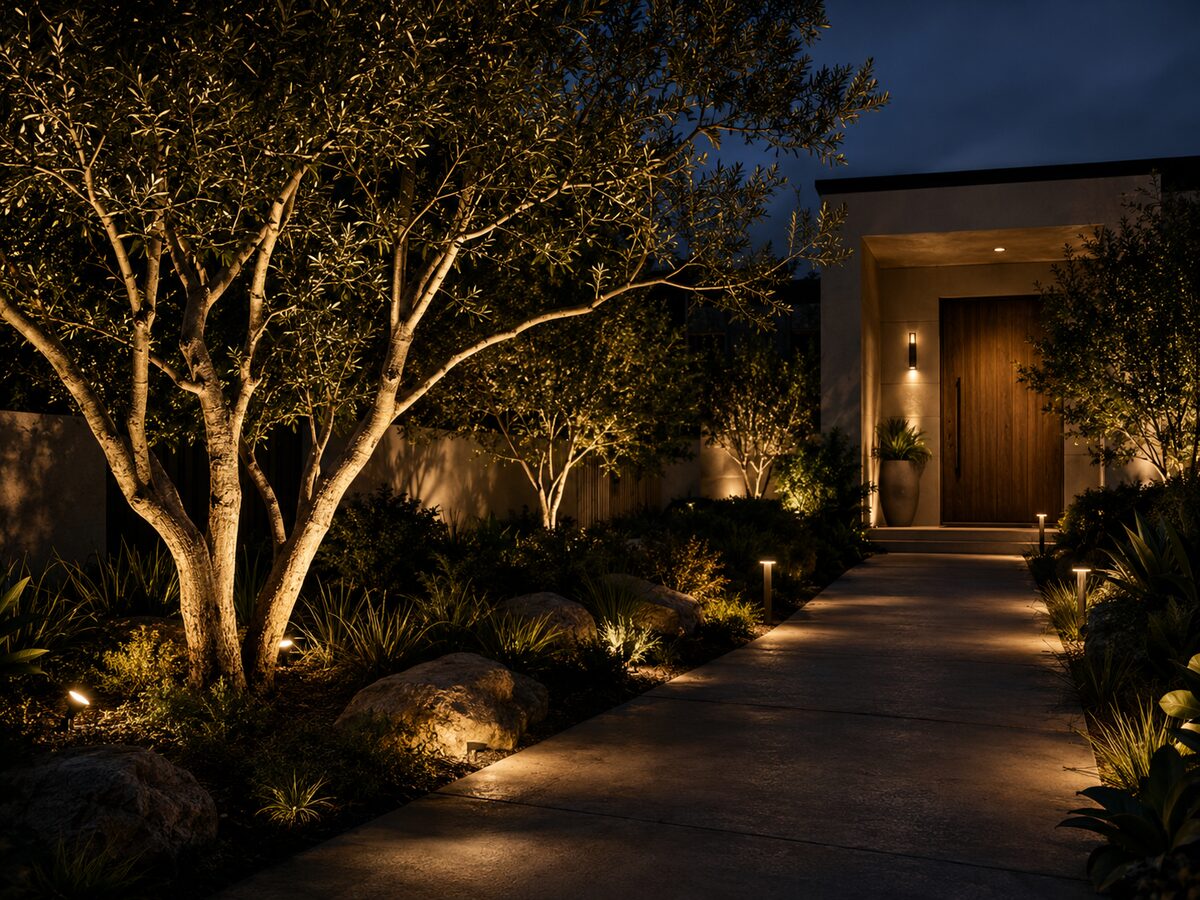 Uplit tree in a landscaped yard at night