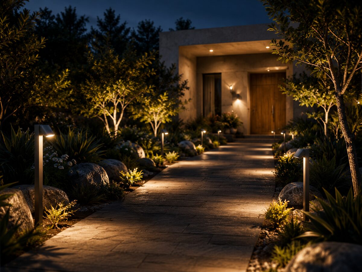 Illuminated garden pathway at dusk