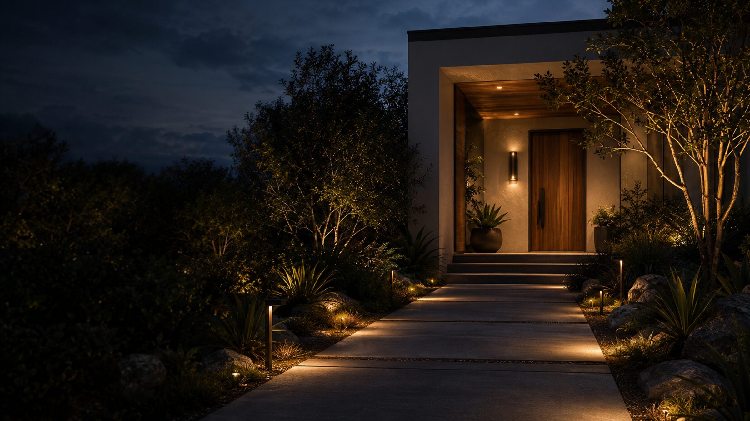 Oria landscape lighting illuminating a modern home entrance and pathway at dusk